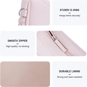 Light pink quilted shoulder bag detail view showcasing durable D-ring, smooth zipper, and lining.