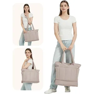 Large capacity quilted tote bag with multi-pockets and expandable design for daily travel use.