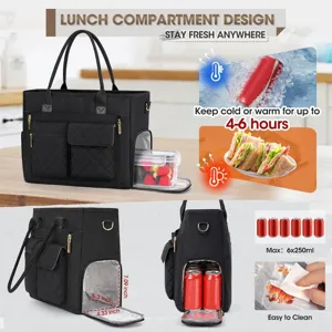 Large capacity black quilted tote bag commuter work handbag with insulated lunch compartment detail.