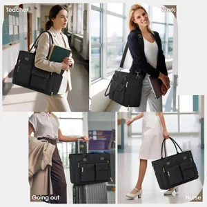 Large capacity black quilted laptop tote bag for women, professional commuter work bag details.