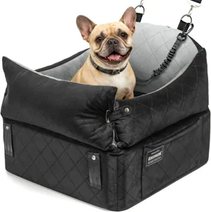 Waterproof raised dog car seat with comfortable padded liner and safety leash for travel.
