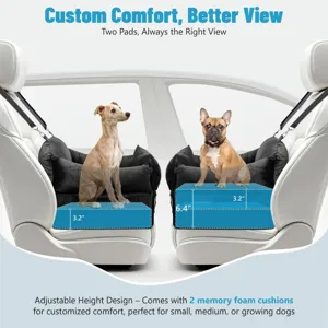Detailed view of adjustable height pet car seat with dual memory foam cushions for dogs.