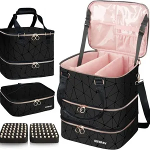 Multi-layer geometric nail polish organizer large capacity cosmetic storage bag black with foam slots