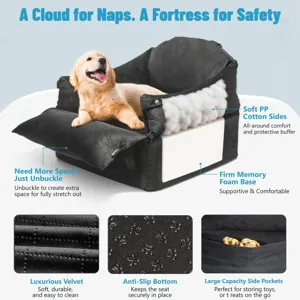 Detailed view showing the soft PP cotton sides, memory foam base, and durable velvet pet car seat fabric.