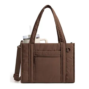 Brown quilted tote bag for women, large capacity stylish casual shoulder bag with strap.