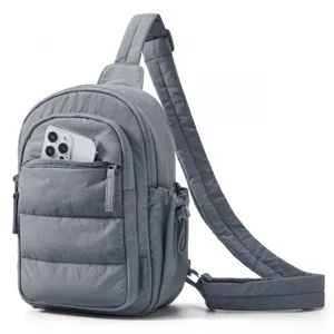Grey quilted mini crossbody sling bag for women, waterproof casual travel shoulder bag.