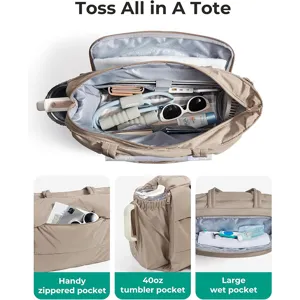Large quilted tote bag with spacious compartments, tumbler pocket and wet pocket for travel.