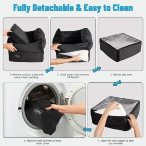 Detailed view showing how to easily disassemble and wash the pet car seat step by step.