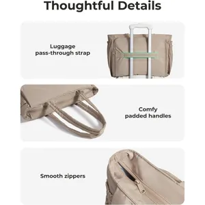 Close-up detail of quilted tote bag featuring luggage pass-through strap and smooth zippers.