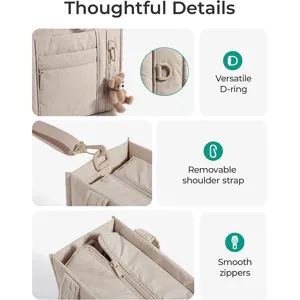 Beige quilted tote bag detail with cute bear pendant, versatile D-ring and smooth zippers.