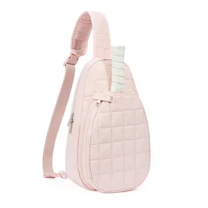 Pink quilted tennis racket sling bag for sports, stylish portable crossbody sports backpack.