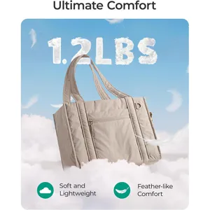 Detailed view of lightweight puffer tote bag in beige, featuring quilted nylon fabric and pockets.