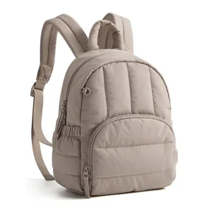 Mini quilted backpack detail showcasing waterproof nylon fabric, vertical stitching and pocket.