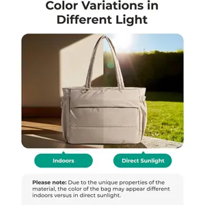 Detail view of quilted puffer tote shoulder bag showing color variations in different lighting.
