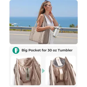 Detailed view of large commuter tote bag showing spacious interior pocket for 30 oz tumbler.