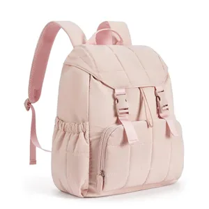 Pink quilted backpack with wide opening, lightweight travel laptop bookbag for women daily use
