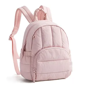 Compact mini quilted backpack lightweight waterproof school bag detail view in pink color