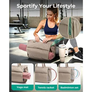 Padded tote bag detail view showing large capacity, zipper pocket, and yoga mat holder.