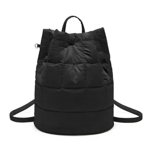 Black quilted bucket backpack casual travel shoulder bag large capacity fashion stylish rucksack