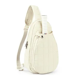Detailed view of the elegant quilted sling racket bag strap and zipper craftsmanship.