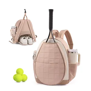 Quilted women tennis backpack with shoe compartment cup holder and racket storage bag