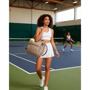Stylish quilted puffer tote bag with tennis racket holder and cute puppy charm for women