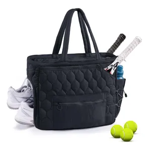 Black quilted tennis tote bag with racket holder shoe compartment for women sports