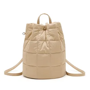 Beige quilted bucket backpack casual travel lightweight shoulder bag soft material daypack