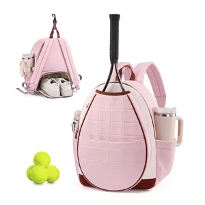 Pink quilted women's tennis backpack with racket compartment, shoe storage and side cup holders.