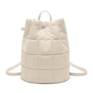 Detail view of a beige quilted drawstring backpack, soft puffy texture, casual everyday use.