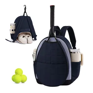 Quilted women tennis backpack with racket holder, shoe compartment and side cup pockets.