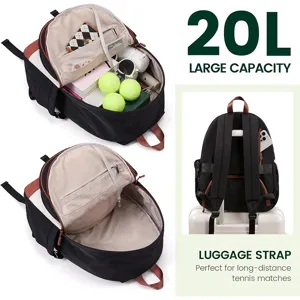 Large capacity tennis backpack with 20L storage, luggage strap and multi-compartment design.