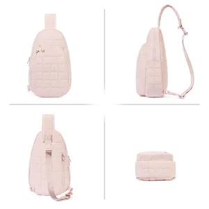 Detailed multi-angle views of a stylish pink quilted sling bag with adjustable strap and zip.