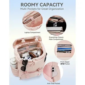Stylish pink women travel laptop backpack with roomy capacity, multi-pockets, and anti-thief design.