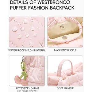 Pink puffer fashion backpack detail view featuring waterproof nylon material and soft handle.