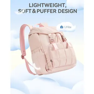 Pink quilted lightweight travel backpack with wide opening and laptop compartment for women