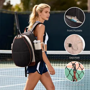 Detailed view of quilted tennis backpack featuring front pockets, keychain and hook.