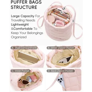 Puffer tote bag interior detail showing multiple compartments and large storage capacity.