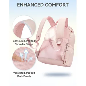 Pink quilted travel laptop backpack detail showing contoured padded straps and ventilated back panels.