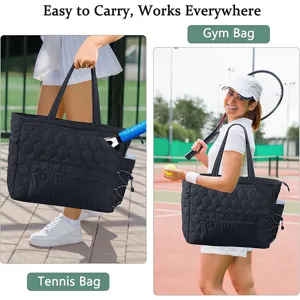 Black quilted tennis tote bag with racket holder and gym bag details for outdoor sports.