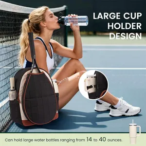 Women quilted tennis backpack with large cup holder and racket compartment for sports gear.