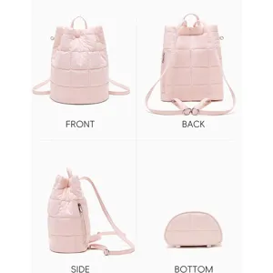 Pink quilted bucket backpack casual travel daypack stylish lightweight shoulder bag women