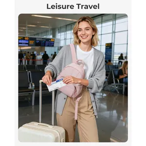Airport scene detail of pink quilted mini backpack, lightweight and stylish daily travel companion.
