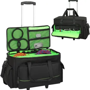 Rollable cable storage bag with telescoping handle and bright green compartments for gear and cords.