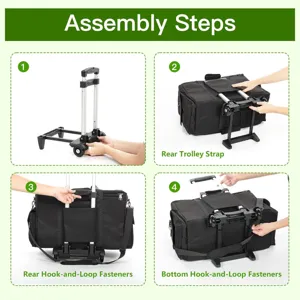 Black waterproof cable storage box with detachable trolley cart assembly steps detail.