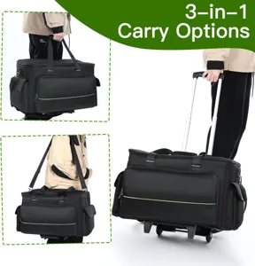 Versatile 3-in-1 black storage bag with wheels and pull rod for travel and cable management.