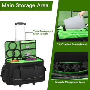 Black rolling cable storage box with trolley handle, large equipment case organizer.