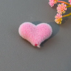 Pink flocked heart shaped through hole bead DIY jewelry accessory for lovely cute craft parts.