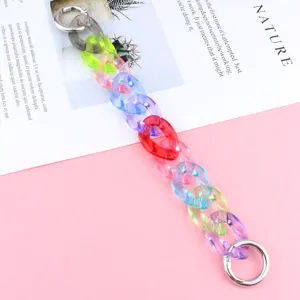 Colorful transparent acrylic chain detail, stylish phone strap and bag accessory loop links.