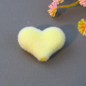 Yellow flocked heart bead detail, fluffy DIY charm for jewelry making and accessories.